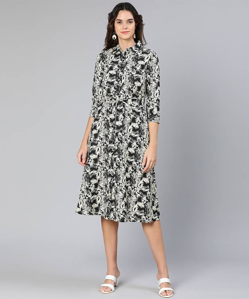 Glassed black floral print button-dowm women dress