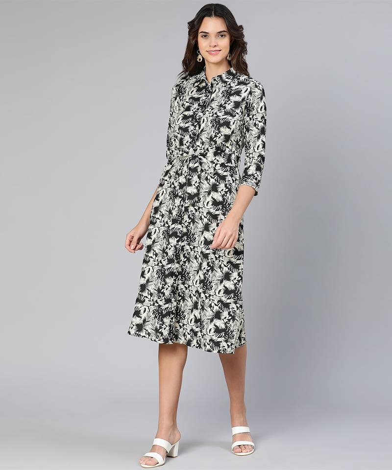 Glassed black floral print button-dowm women dress