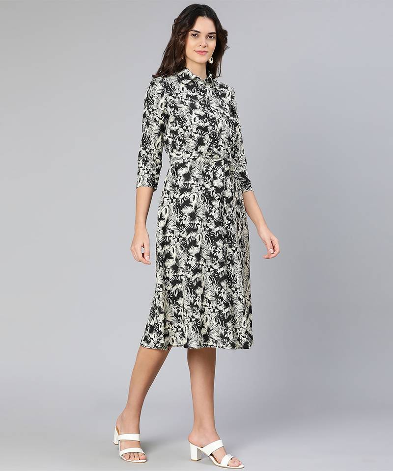 Glassed black floral print button-dowm women dress