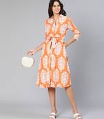 Beamed orange tropical printed button-down women dress