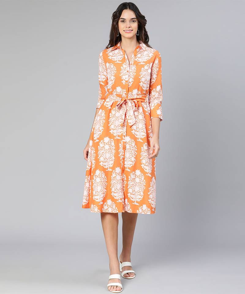 Beamed orange tropical printed button-down women dress