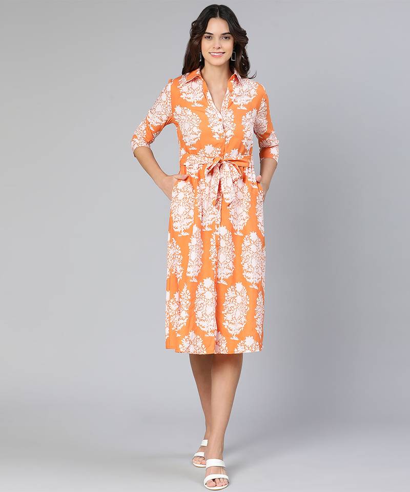 Beamed orange tropical printed button-down women dress