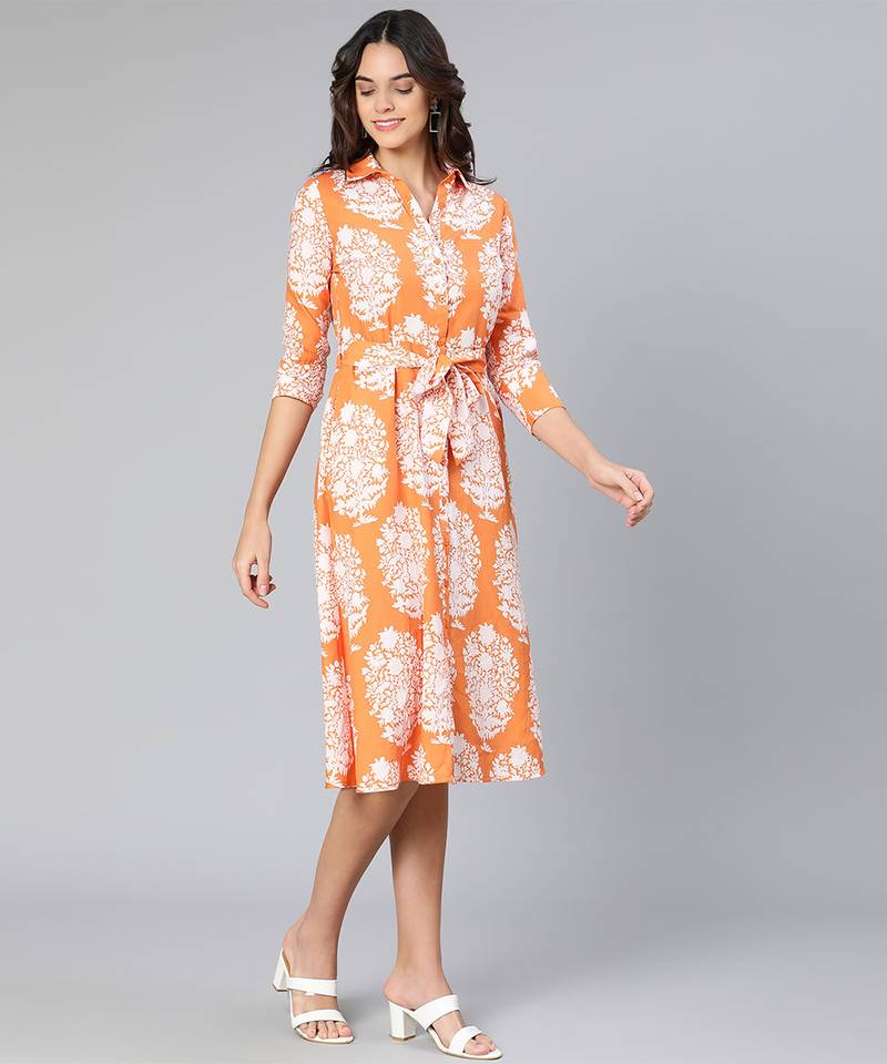 Beamed orange tropical printed button-down women dress