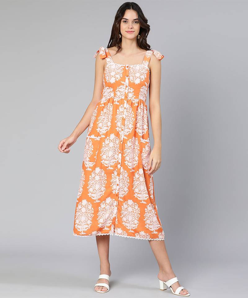 Truffle orange printed women long dress