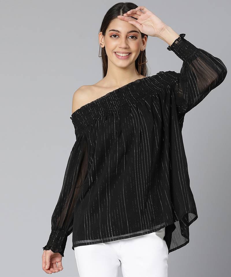 Lurex stripe Smoking off-shoulder women top