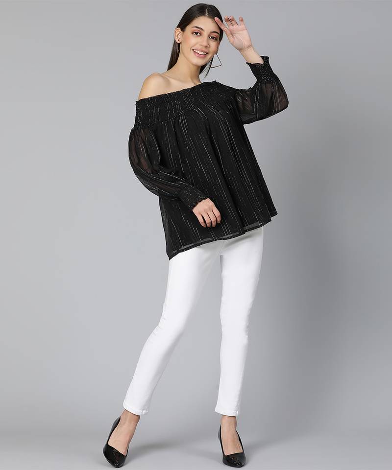 Lurex stripe Smoking off-shoulder women top