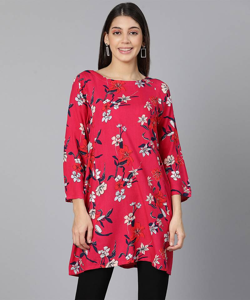 Floral Red Printed women long line tunic