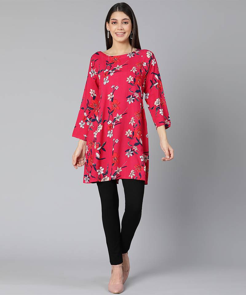 Floral Red Printed women long line tunic