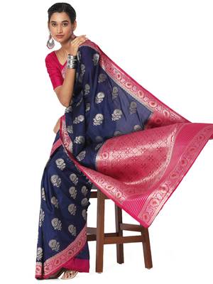 Navy blue printed brocade saree with blouse 1