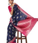 Navy blue printed brocade saree with blouse