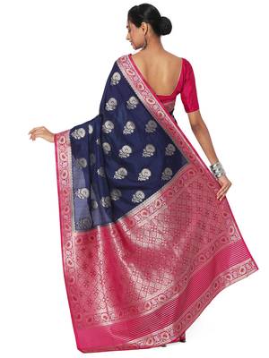 Navy blue printed brocade saree with blouse 2