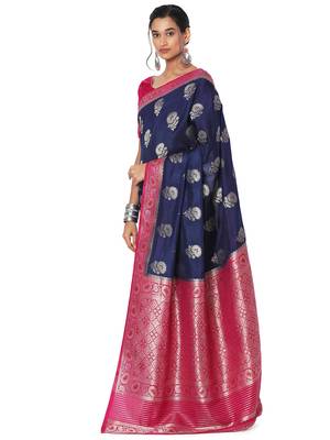 Navy blue printed brocade saree with blouse 3