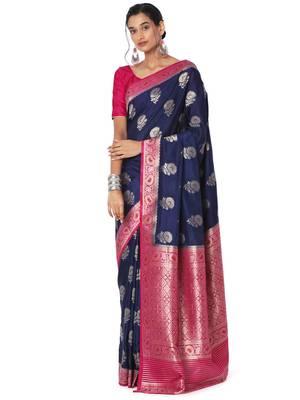 Navy blue printed brocade saree with blouse 4