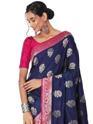 Navy blue printed brocade saree with blouse 5