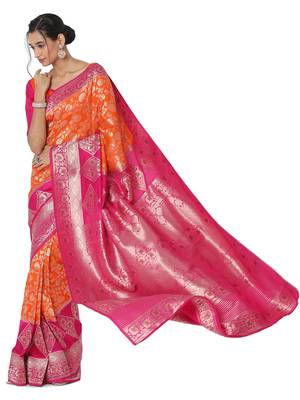 Orange printed brocade saree with blouse 1