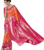Orange printed brocade saree with blouse