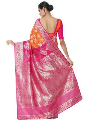 Orange printed brocade saree with blouse 2