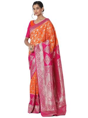 Orange printed brocade saree with blouse 3