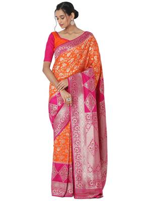 Orange printed brocade saree with blouse 4