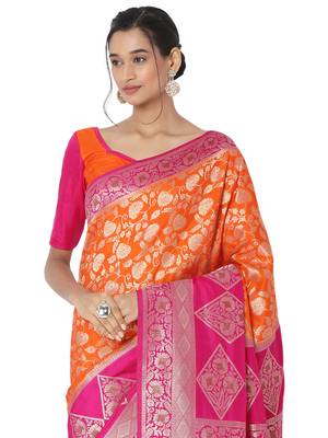 Orange printed brocade saree with blouse 5