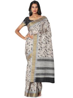 Beige printed bhagalpuri silk saree with blouse 1