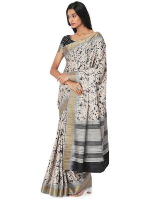 Beige printed bhagalpuri silk saree with blouse 3