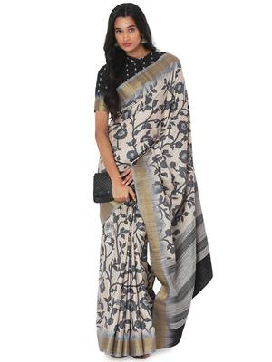 Beige printed bhagalpuri silk saree with blouse 1