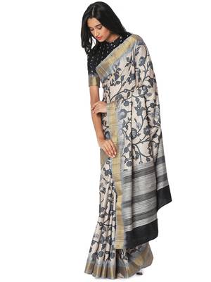 Beige printed bhagalpuri silk saree with blouse 3