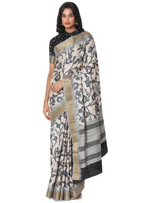 Beige printed bhagalpuri silk saree with blouse 4