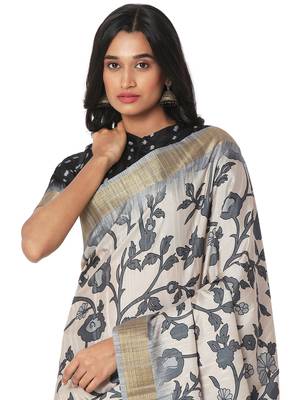 Beige printed bhagalpuri silk saree with blouse 5