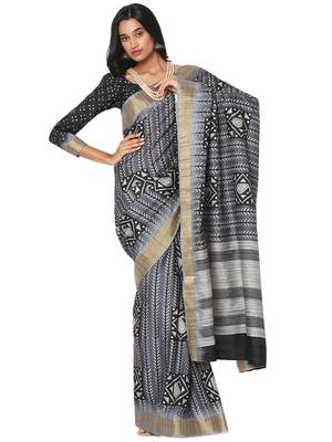 Grey printed bhagalpuri silk saree with blouse 1