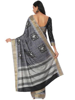 Grey printed bhagalpuri silk saree with blouse 2