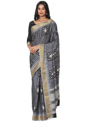 Grey printed bhagalpuri silk saree with blouse 4