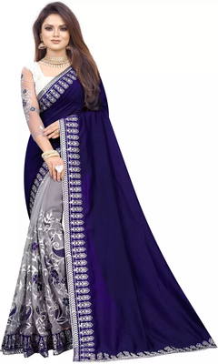 Net Thread Embroidered Blue and Gray Saree 1