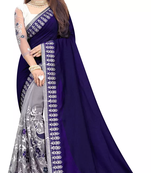 Net Thread Embroidered Blue and Gray Saree