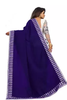 Net Thread Embroidered Blue and Gray Saree