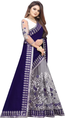 Net Thread Embroidered Blue and Gray Saree 3