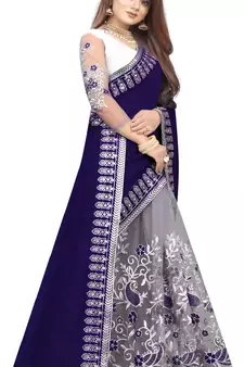 Net Thread Embroidered Blue and Gray Saree