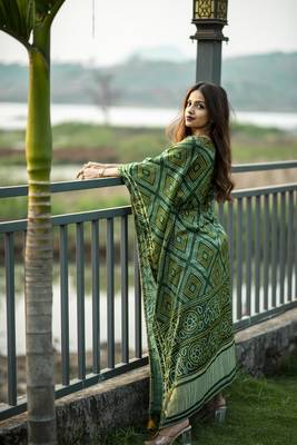 Green colour pure gaji silk bandhani kaftan 2