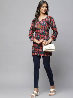 Navy-blue printed cotton party-tops 3