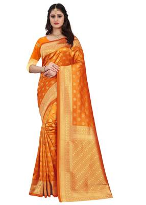 Orange woven faux kanchipuram silk saree with blouse 1