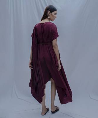 Jess Overlap Asymmetric Dress In Wine 2
