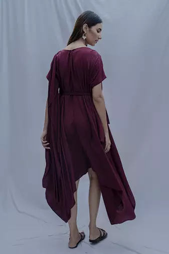 Jess Overlap Asymmetric Dress In Wine