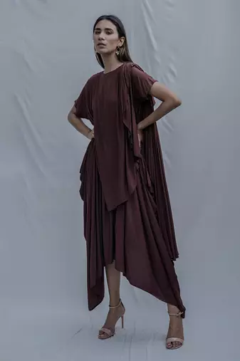 Jess Overlap Asymmetric Dress In Brown