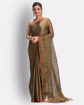 Copper hand woven cotton silk saree with blouse 1