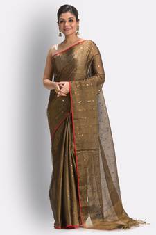 Copper hand woven cotton silk saree with blouse