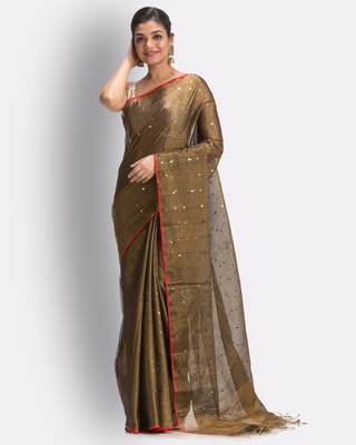 Copper hand woven cotton silk saree with blouse 2