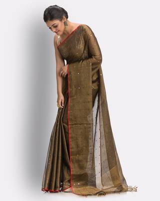 Copper hand woven cotton silk saree with blouse 3