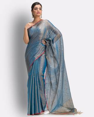 Blue hand woven cotton silk saree with blouse 1