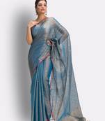 Blue hand woven cotton silk saree with blouse